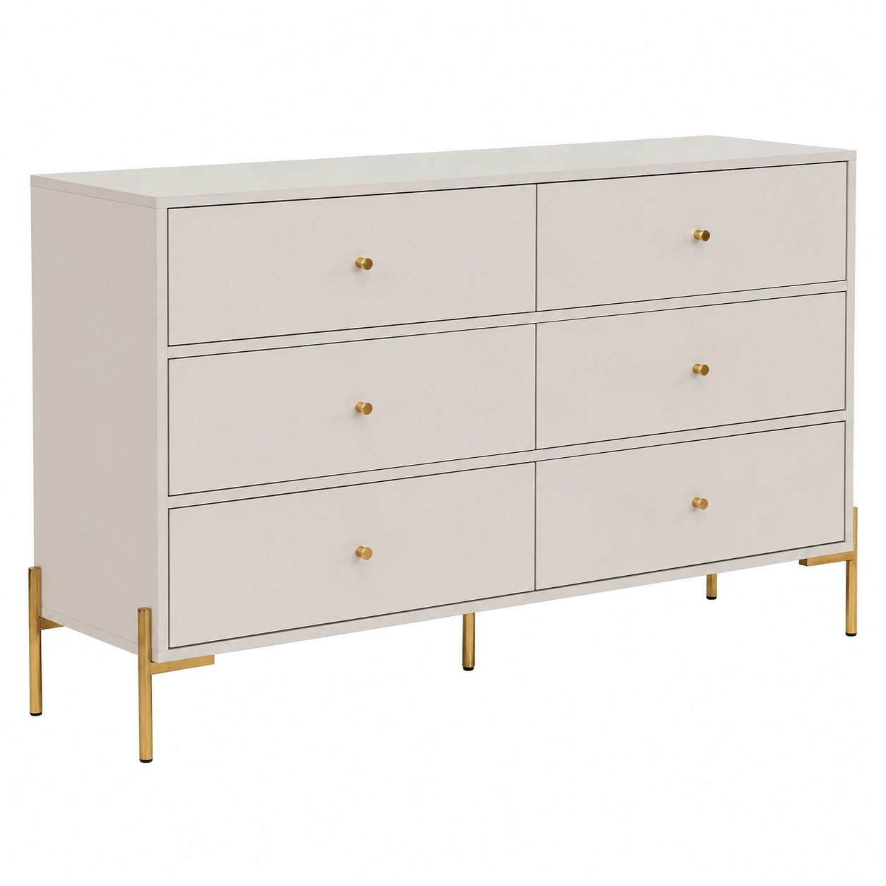 Commode, en panneaux de bois et métal, avec tiroirs, coloris beige et doré, pour la chambre ou le salon