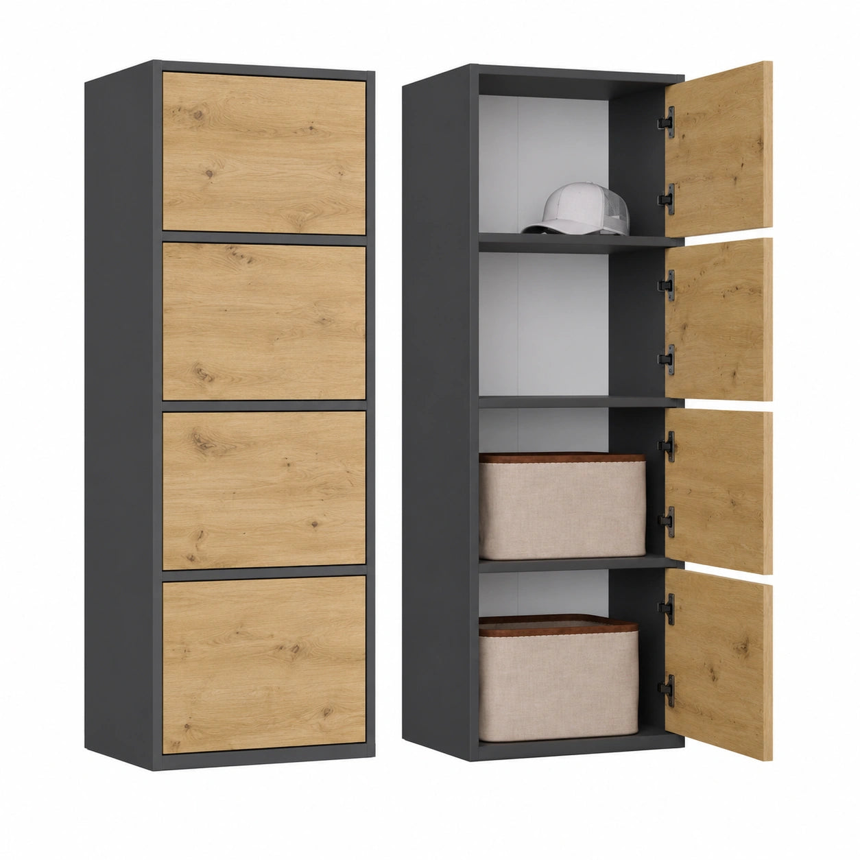 Commode, en chêne, avec portes, coloris anthracite, 50 x 119 x 40 cm, pour la chambre ou le salon