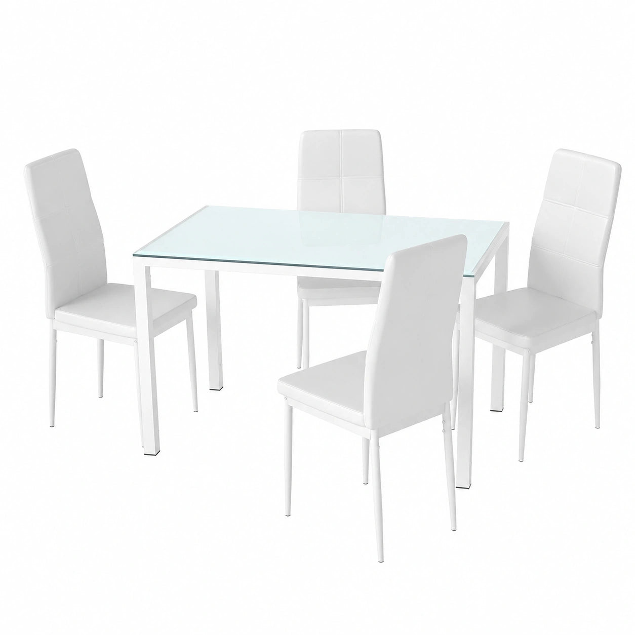 Table à manger, avec 4 chaises, en acier et verre trempé, coloris blanc, pour la salle à manger